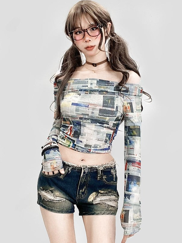 Sleeve Y2K Long Print Colorful Newspaper Top Glamorous Neckline Off-the-shoulder