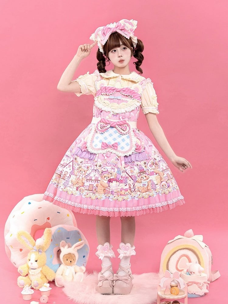 Kawaii Puff Sleeves Lolita JSK Dress with Bear Cake Theme Floral Print - Mewroco