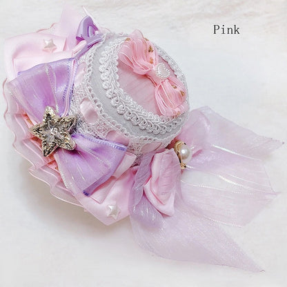 Idol Details Decorated Star Lolita Mini Pink/Purple/Blue Beaded Hat Bowknot And