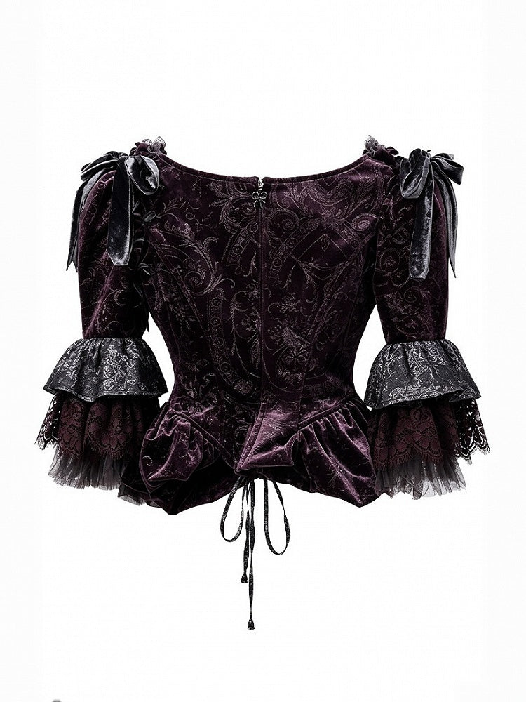 Velvet Boned Corset Top in Purple & Gray Lace Ruffle Trim with Detachable Sleeves - Blood Supply