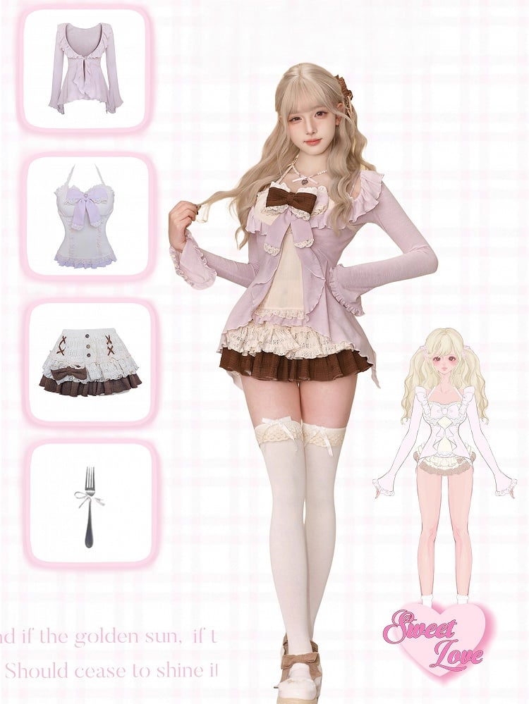 Purple Ruffled Knit Cardigan with Long Sleeves