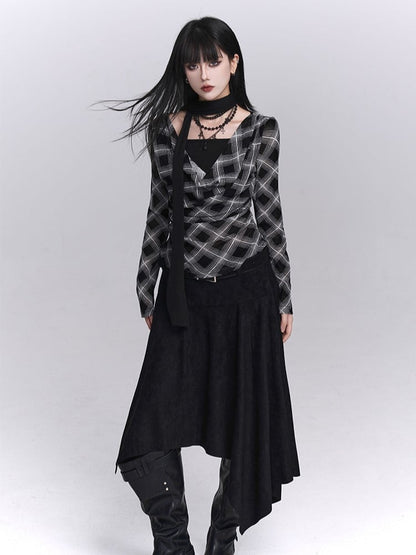 Top Faux Two-Piece Cowl Autumn Black Neck Plaid