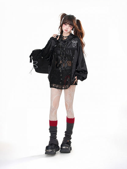 Black/White Bowknot Embroidery Contrast Lace Patches Loose Hoodie