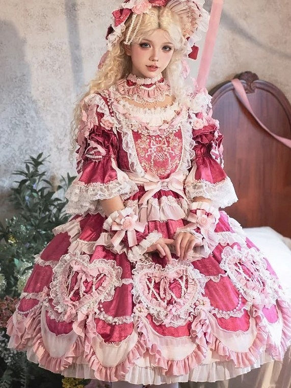 Pink Bow Lolita Wrist Light Lace-Trimmed Pink/Rose with and Cuffs Flower Accents