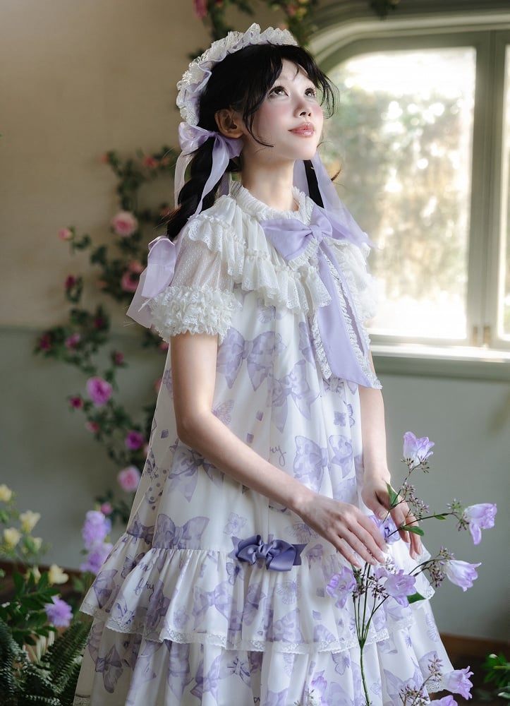 Purple Big Bowknot on Neckline Bows Print Double Layered Lolita Dress