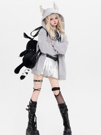 Non-Fleece And With Ears Print Grey Applique Puppy Letter Light Hoodie