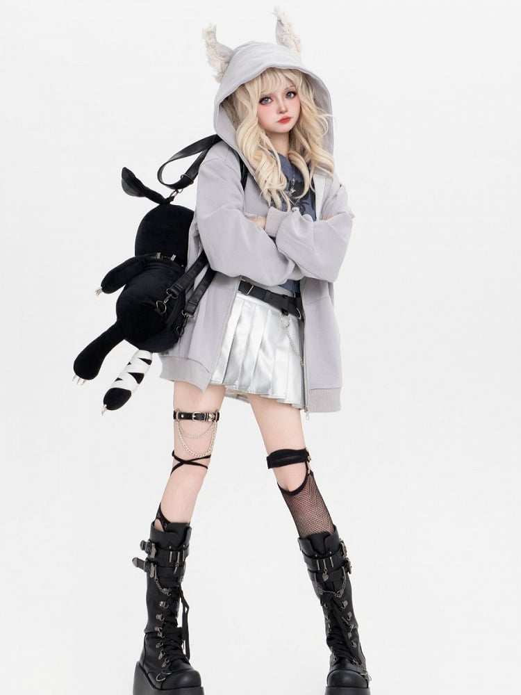 Light Hoodie Puppy Letter Fleece And Ears Grey Print Applique With