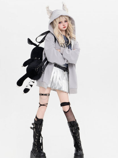 Light Hoodie Puppy Letter Fleece And Ears Grey Print Applique With