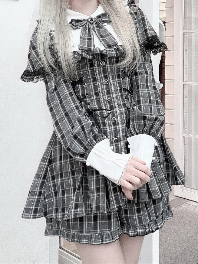Jirai Bow + Long-Sleeve Dress Tie Design Matching Kei Shorts Set Grey Cape Lace-Up Plaid