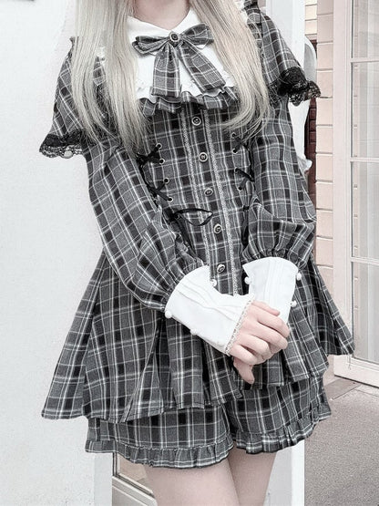 Jirai Bow + Long-Sleeve Dress Tie Design Matching Kei Shorts Set Grey Cape Lace-Up Plaid