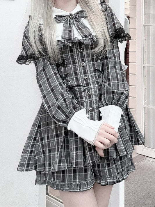 Jirai Bow + Long-Sleeve Dress Tie Design Matching Kei Shorts Set Grey Cape Lace-Up Plaid