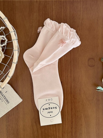 Details Rosa/Blau/Schwarz/Weiß/Gelb/Graue Wadensocken mit Rüschenbündchen und Schleife