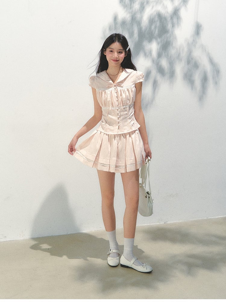 Pleating Waist Sweet Cinched Pink Details Sleeve with Blouse Puff