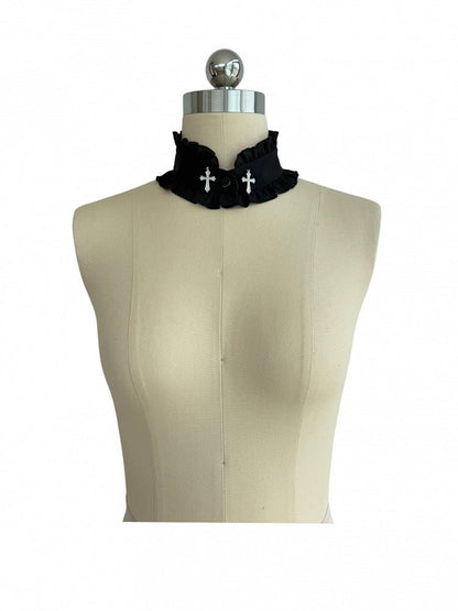 Black Ruffle Choker with Cross Charms - Damn Girl