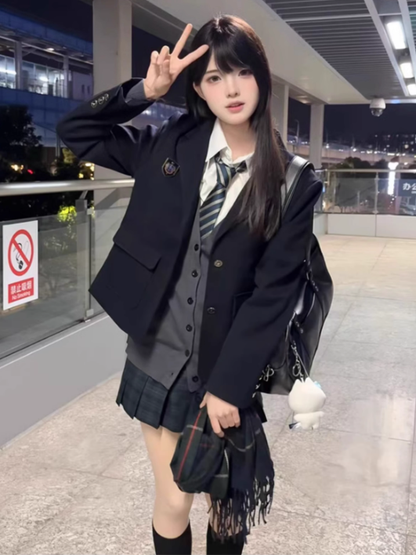 Blazer Button Preppy JK Manschetten verziert blau Stil Abzeichen Uniform dunkles Design