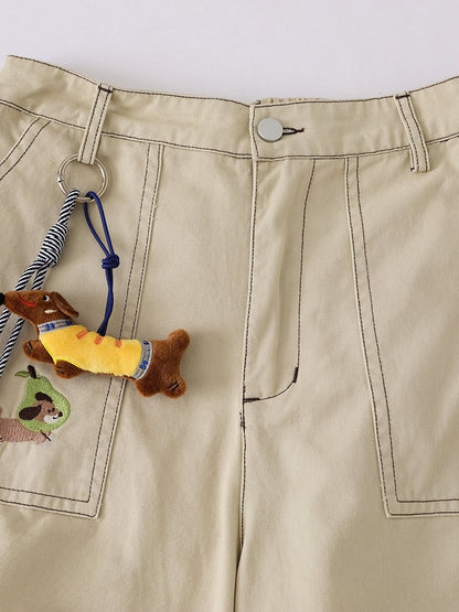 Khaki Cropped Cargo Shorts with Puppy Embroidery - Languid Park