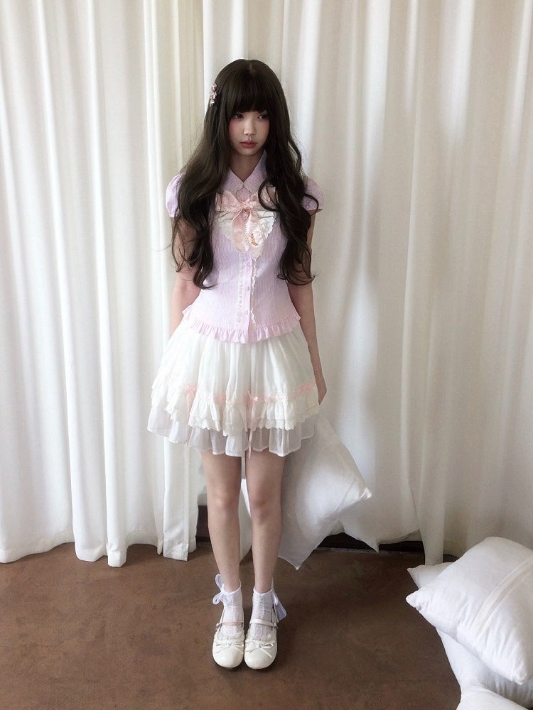 Pink Details Lace Blouse Seiso-Kei Ruffle Short Sleeve Striped With Bow Style