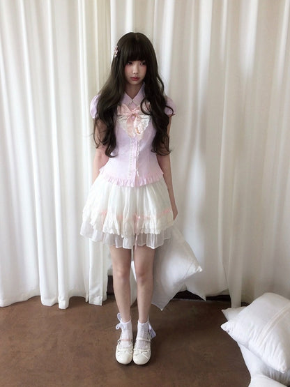 Pink Details Lace Blouse Seiso-Kei Ruffle Short Sleeve Striped With Bow Style
