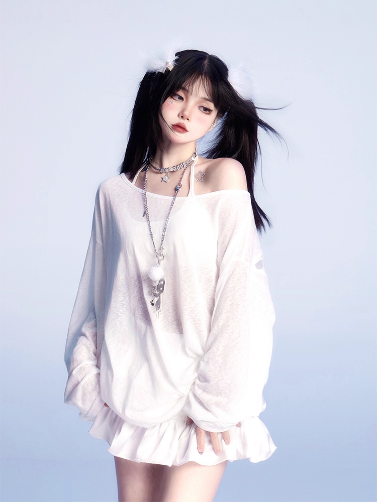 Butterfly-shaped Cutout White Asymmetrical Neckline Semi-sheer Coverup