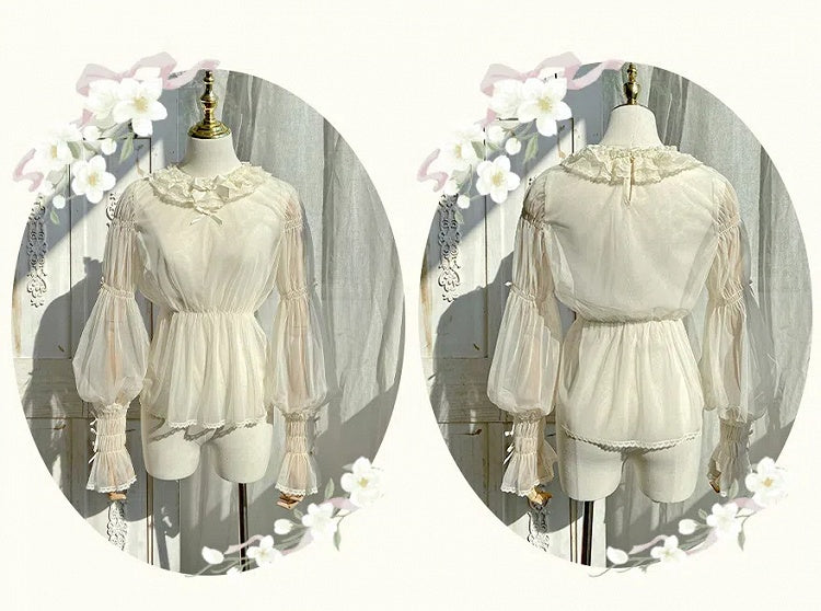 ベージュのセミシースルーレッグオブマトンスリーブブラウス