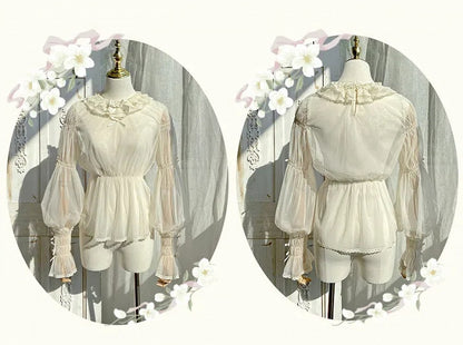 ベージュのセミシースルーレッグオブマトンスリーブブラウス