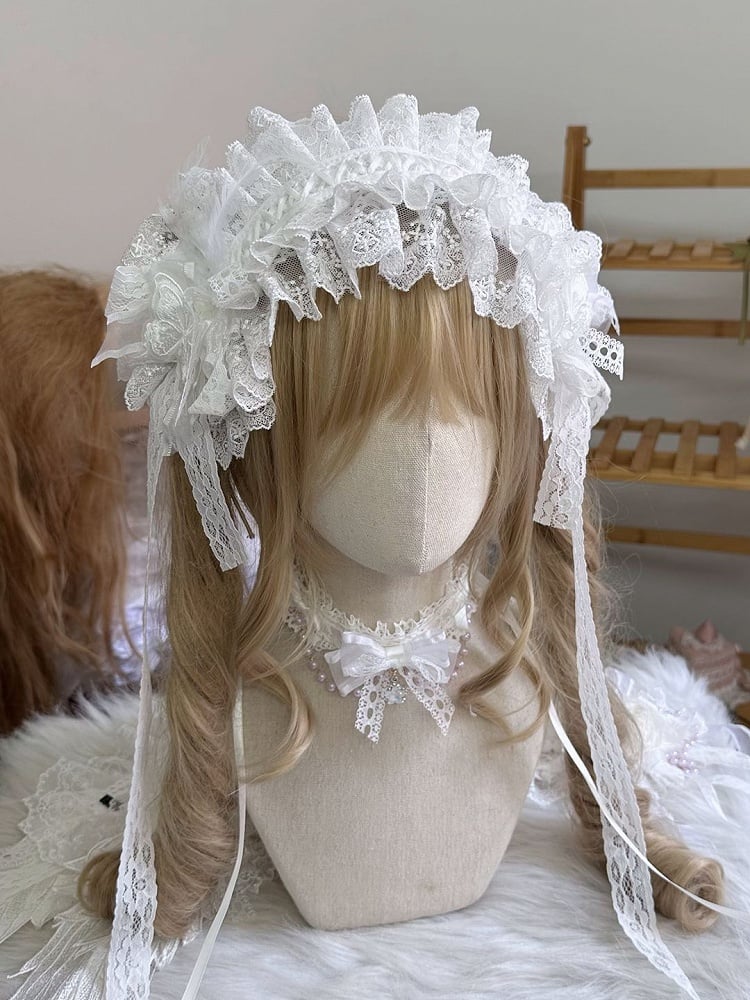 and Lace with Feather Embellished Hairband White/Black Ribbon