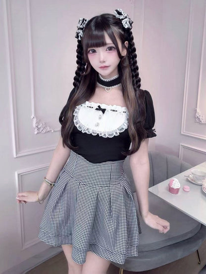 Black Square-Neck Puff-Sleeve Top, Lace & Rhinestones, with Choker - Ostslheep