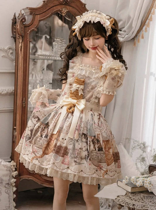 Beige Cat Print Square Neckline Sweet Lolita JSK Dress with Plush Cat Patch - NyaNya