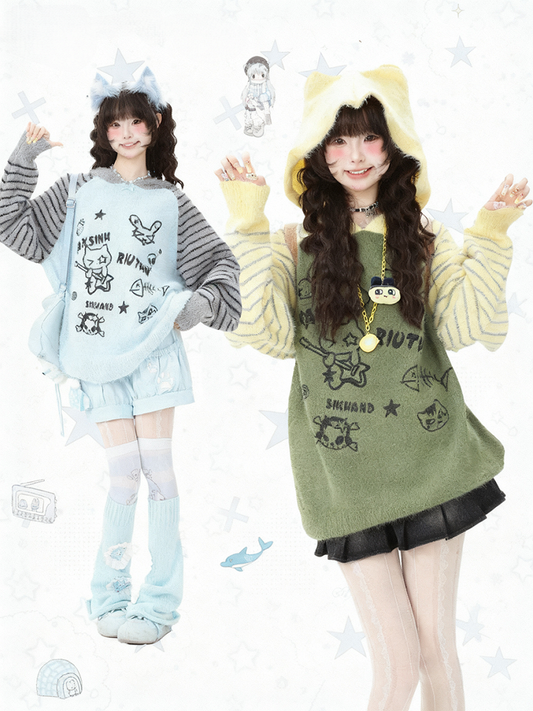 Cat with Knit Green/Blue Striped Print Adorable Hoodie Cozy