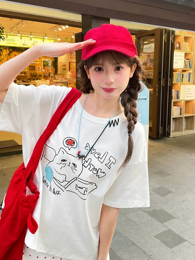 ホワイトラウンドネックキティプリントルーズTシャツ