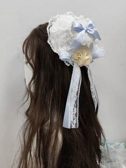 Light Blue Lace Trim Mini Hat with Bow - Ye Cheng Hair Accessory