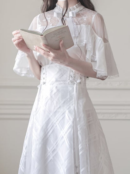 Innocent White Clean Cape Design Top Aesthetic Illusion Neckline and Trim Lace with