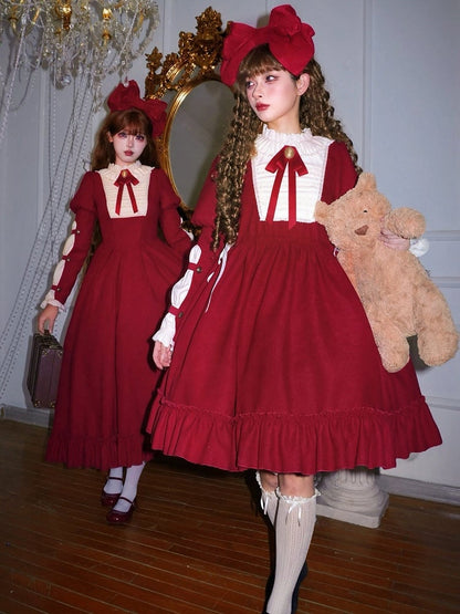 Waist Drawstring Brooch Sleeves and Red Bow Beige Juliette Dress with Lolita Version Short