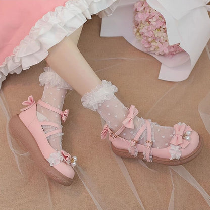 Ruffles Lace Lolita Beaded with Charm Pink Bow Ornate Flats Top - Crisscross Hime Straps