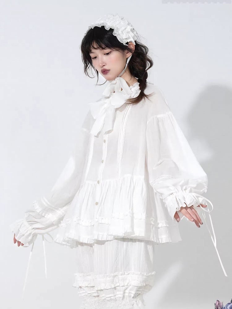 Blouse White Cuffs Long-Sleeve Lolita Loose Ruffled with Drawstring