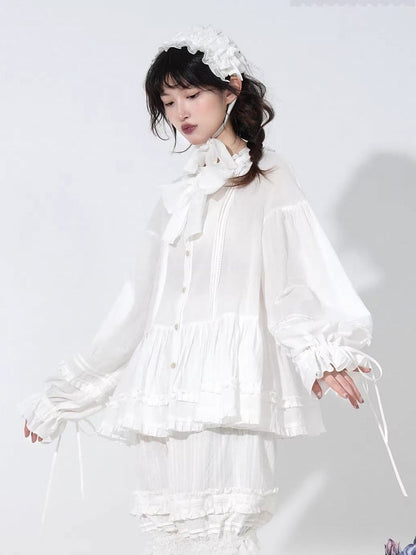 Blouse White Cuffs Long-Sleeve Lolita Loose Ruffled with Drawstring