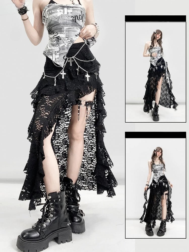 Schlitz Bittersüß Asymmetrisch Glamouröser Rock Oberschenkelhoch Schwarz Saum Spitze
