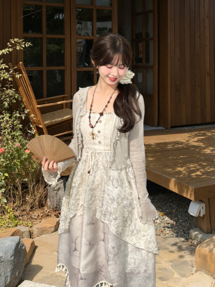 Kei Cheongsam Hem Asymmetrical Tassel Mori Slip Dress Jacquard Style Gray