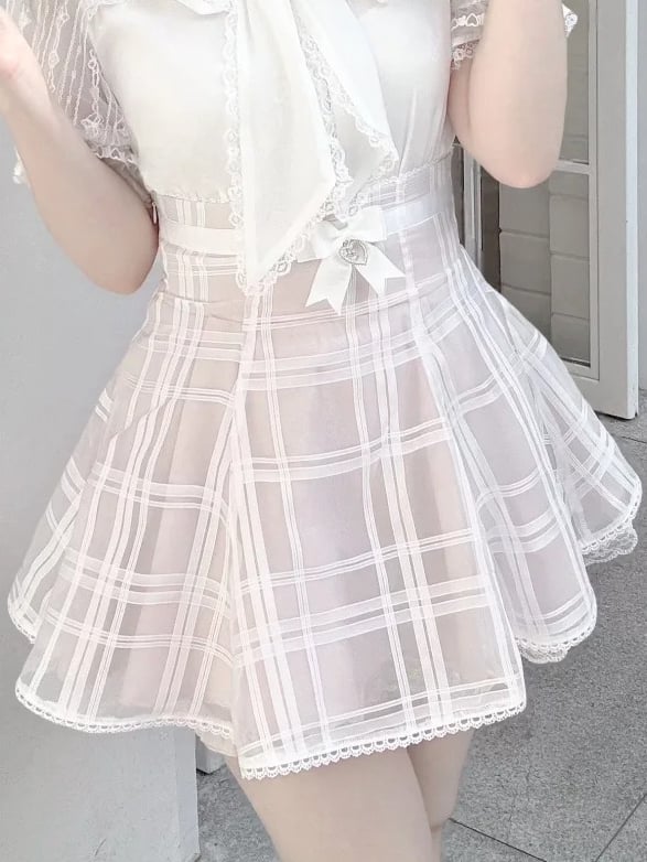 Plaid Organza Skirt with Lace-up Back Jirai Kei Pink