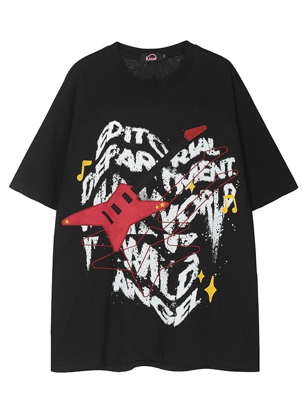 T-Shirt Rot mit Bass Print Schwarz und Graffiti Punk Weiß
