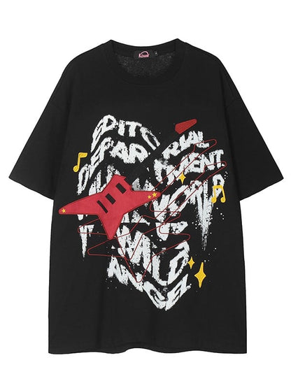 T-Shirt Rot mit Bass Print Schwarz und Graffiti Punk Weiß