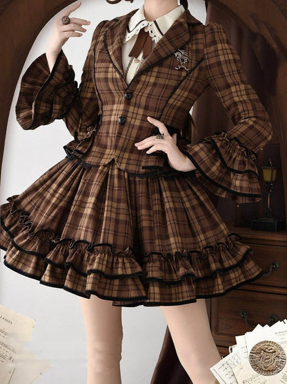 School Brown Blazer Old Notched Skirt Ruffled Plaid + - Lapel Lolita Set