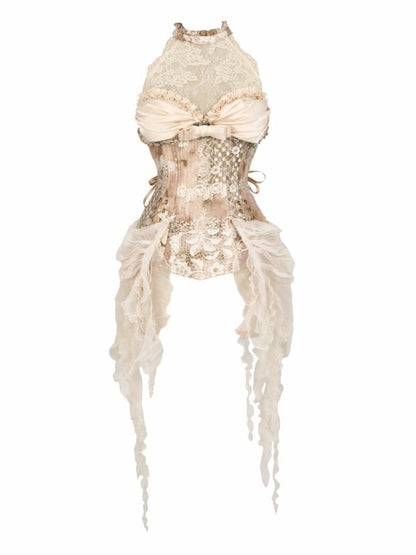 Cascading Halter Lace Ruffle Illusion Detachable Accents Rococo Top Corset with Neck