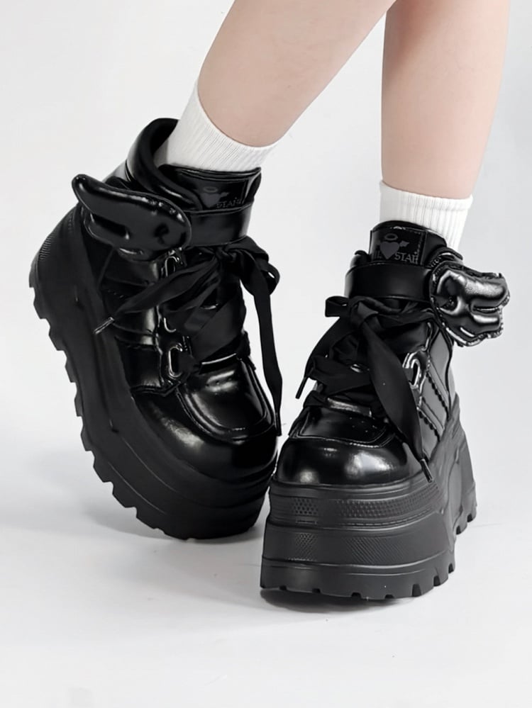 And Lace-up Black Strap Closures Velcro Wings Decor Gothic Detachable - Platforms