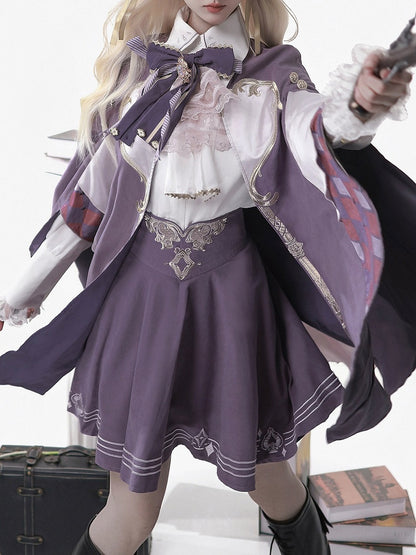 Magic Carnival Purple & White Bow Tie Blouse with Striped Skirt and Cape Set - Xiong Dou Jiang