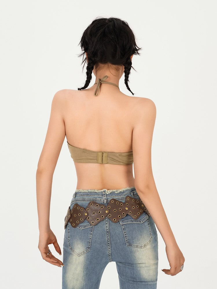 Bustier Sexy Design Anti-Slip Back Strapless Fit with Khaki Halter Neck Push-Up