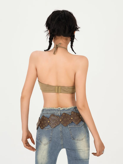 Bustier Sexy Design Anti-Slip Back Strapless Fit with Khaki Halter Neck Push-Up
