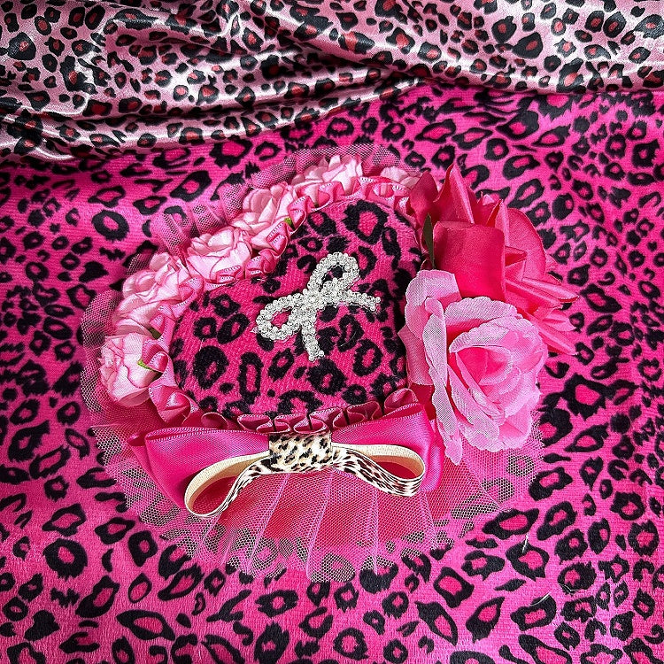 Pink/Rose Showa Ornate in Print Gyaru Hat | Rose Red Leopard Heart Style
