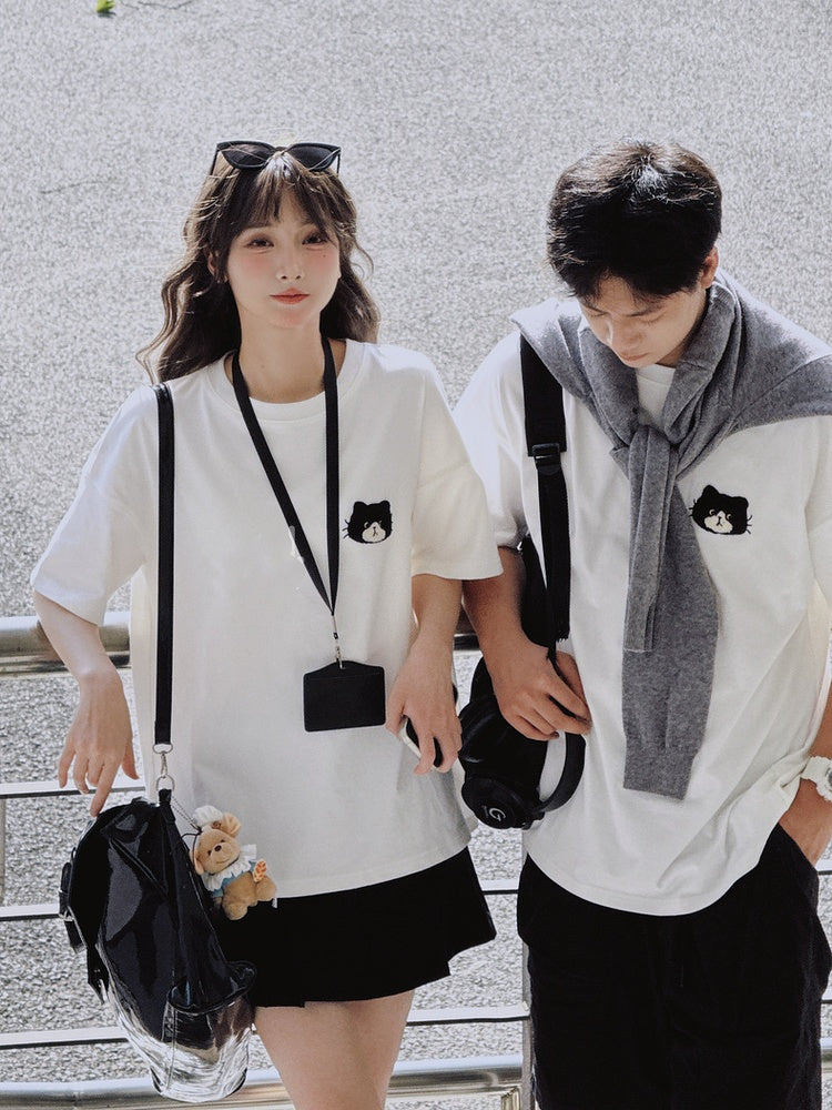 アップリケ ルーズ ホワイト ラウンドネック キティ 刺繍 Tシャツ