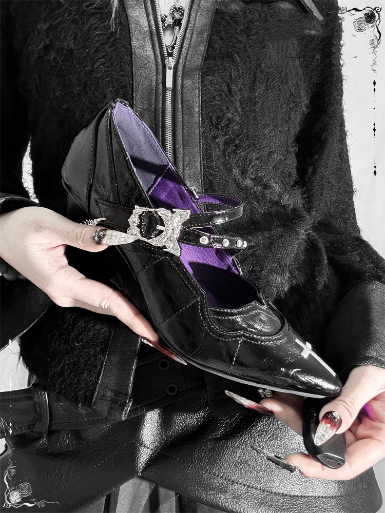 Toe Gothic Heel Black Jane Pointed Dark Mary Embroidery Cross Shoes Chunky 7cm